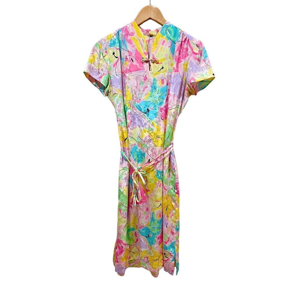Vintage 70s Midi Dress Colorful Pastel Abstract Polynesian Hawaiian size M